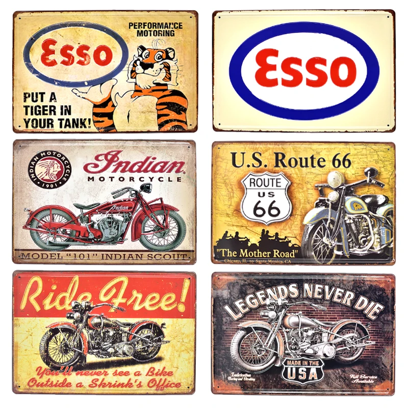 

Esso Texaco BSA Indian Motorcycle Vintage Metal Embossed Tin Sign ROUTE 66 Garage Petro Gasoline Decorative Poster Metal Plates