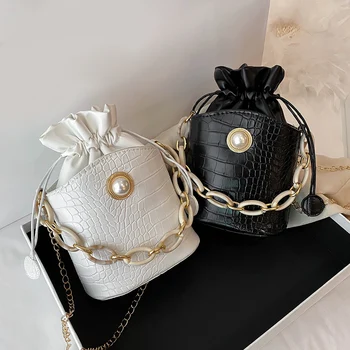 

Fashion Women Drawstring Bucket Shoulder Bag Alligator PU Leather Female Acrylic Chain Small Casual Crossbody Handbag Pouch