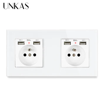 

UNKAS 2 Gang Crystal Glass Panel Wall Socket with 4 USB Outlet French Standard Electrical Wall Charger Adapter 172*86mm