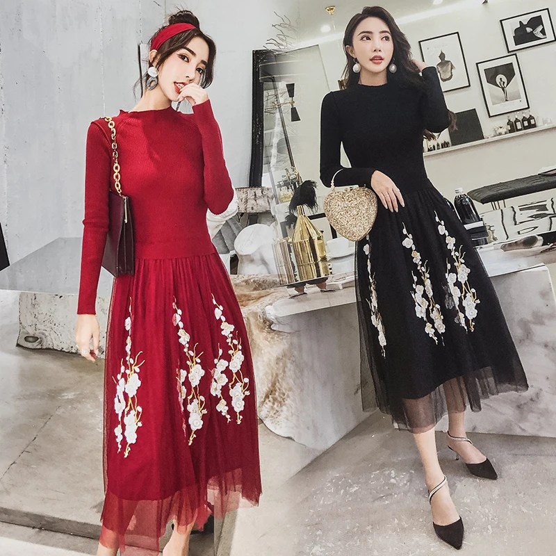 YOSIMI осень зима эластичное женское платье-свитер Vestidos макси с вышивкой длинное женское платье с О-образным вырезом и длинным рукавом