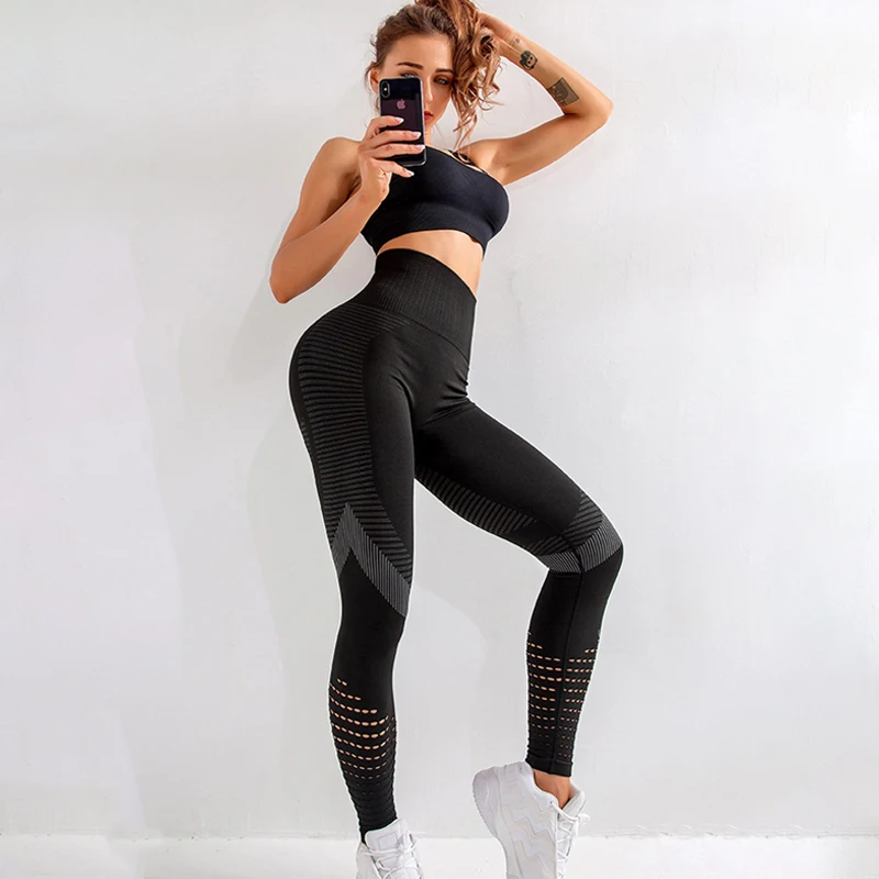 NORMOV Casual Women Leggings Fitness High Waist Push Up Patchwork Hollow Out Spandex Leggin Seamless Femme Leggings