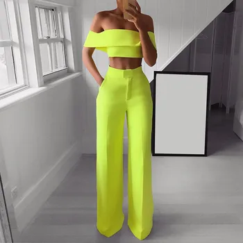 

Summer Style 2PCS Off Shoulder Crop Top Straight Pants Set Women 2019 Sexy Outfit Yellow White Pink Black Two Piece Set Suit d5