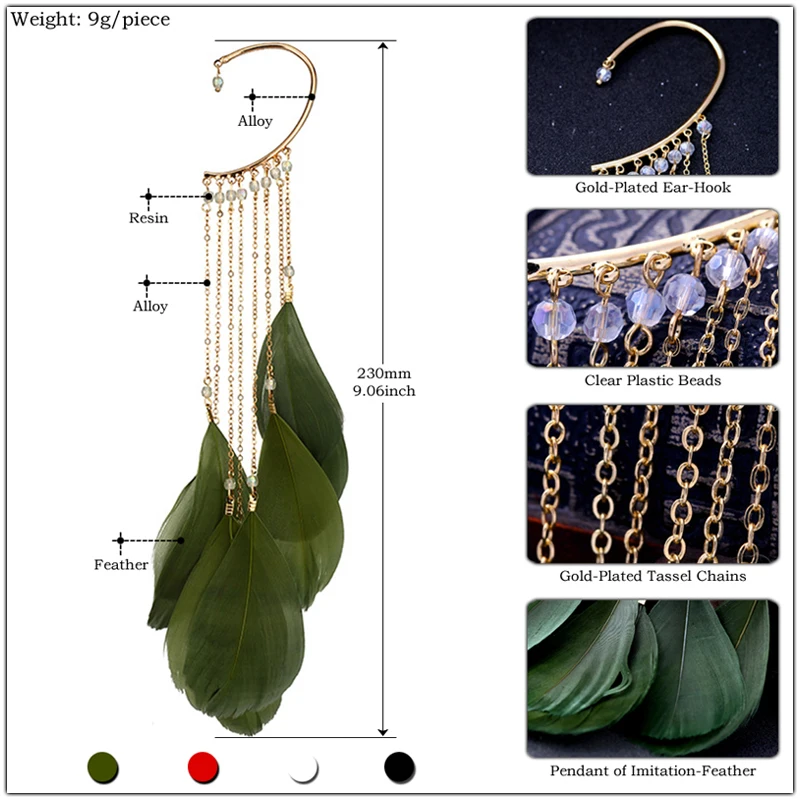 Богемные цветные Серьги-клипсы с перьями, Женские аксессуары, милые золотые длинные серьги-манжеты с кисточками, модные ювелирные изделия, подарки