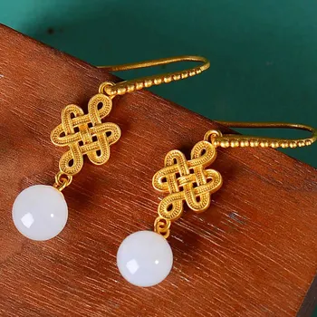

Creative Gold Colors Imitation Hetian Jade With Inlaid Imitation White Jade Round Beads Dangle Earrings Exquisite Jewelry Gift