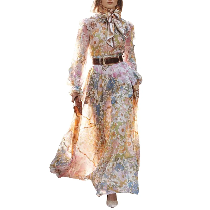 CHICEVER/женский костюм с цветочным принтом, с круглым вырезом, расклешенными рукавами, с оборками, рубашка с высокой талией, юбка с поясом, комплект из двух предметов, Женская Осенняя Новинка года