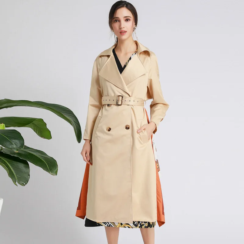 

HUAYIMENGYI French Trendy Style Khaki Trench Coat Full Sleeve Double-breasted Laple Elegant Splicing Women Overcoat With Belt