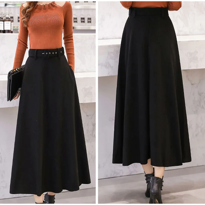 Autumn Winter Women's Woolen Maxi Skirts With Belt Pockets Vintage Wool Skirt Ladies Fashion Casual Khaki Streetwear Female