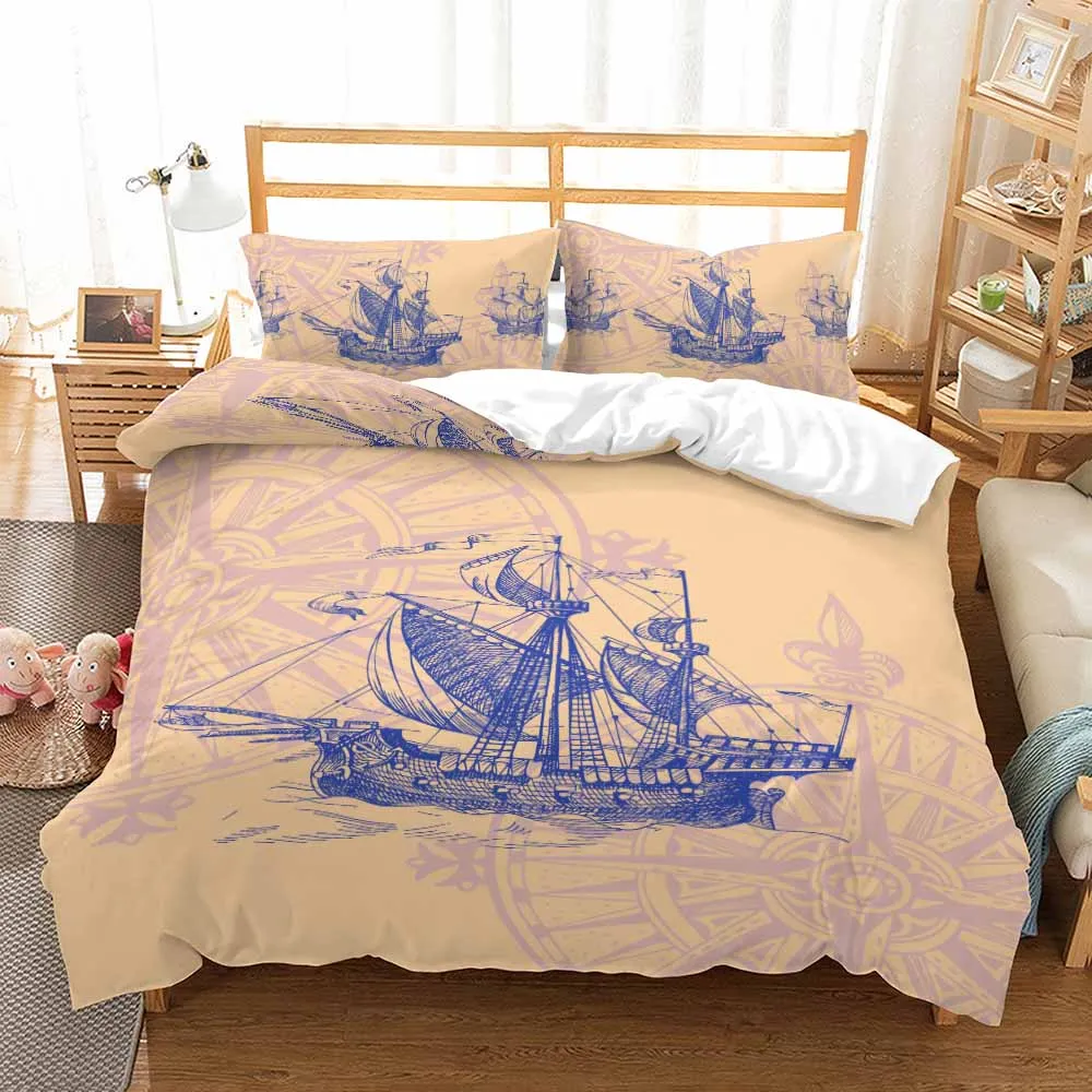 Blue Sailing Boat Bedding Set Light Yellow Duvet Cover Sets Comforter Bed Linen Compass Twin Queen King Single Size Dropshipping | Дом и сад