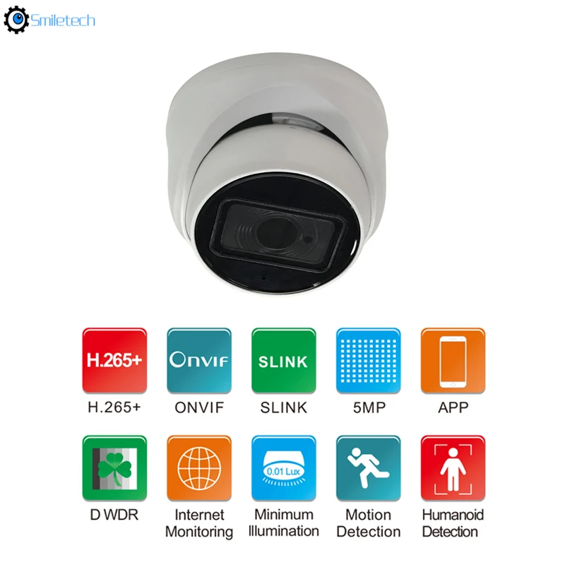 Умная 5MP DWDR ИК купольная POE H.265 Крытая низкая скорость металла гуманоидный