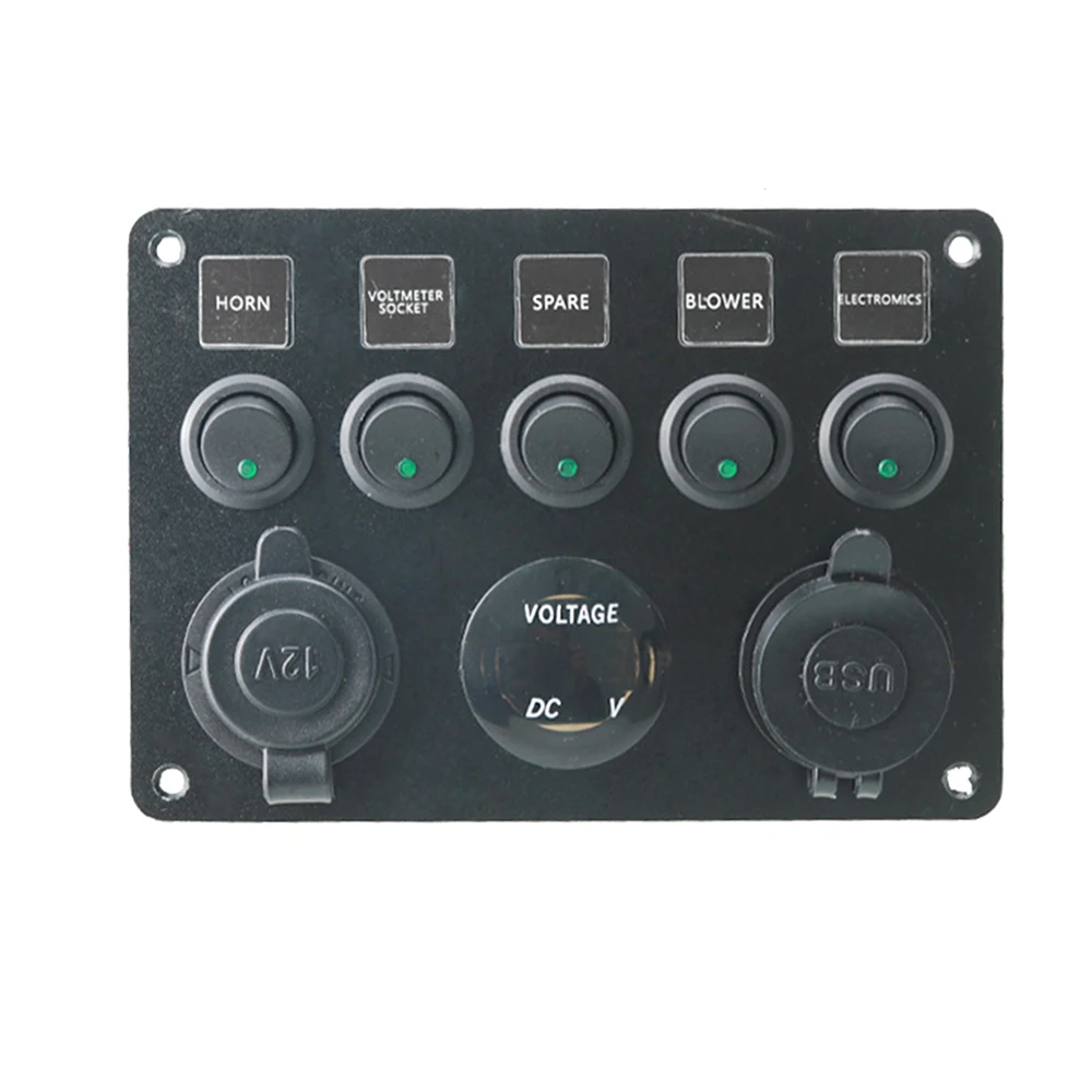 

5 Gang ON-OFF Toggle Switch Panel Dual USB Socket Charger LED Voltmeter 12V Power Outlet for Car Boat Marine RV Truck 12-24V
