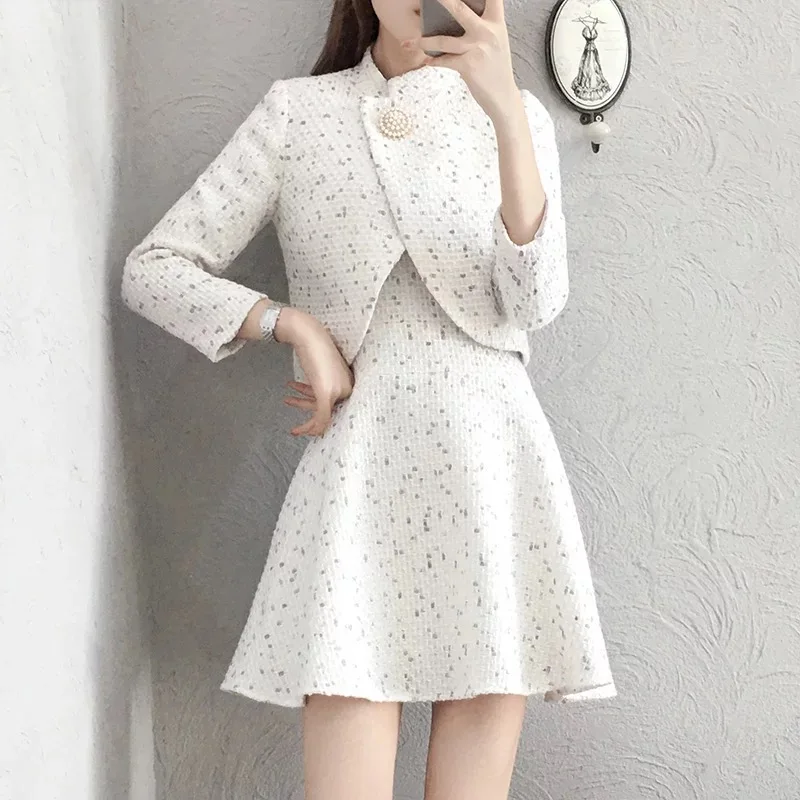 

HAMALIEL New Arrival 2019 Women Tweed 2 Piece Set Dress Autumn Winter White Plaid Short Jacket Coat + Vest Ball Gown Skirt Suits