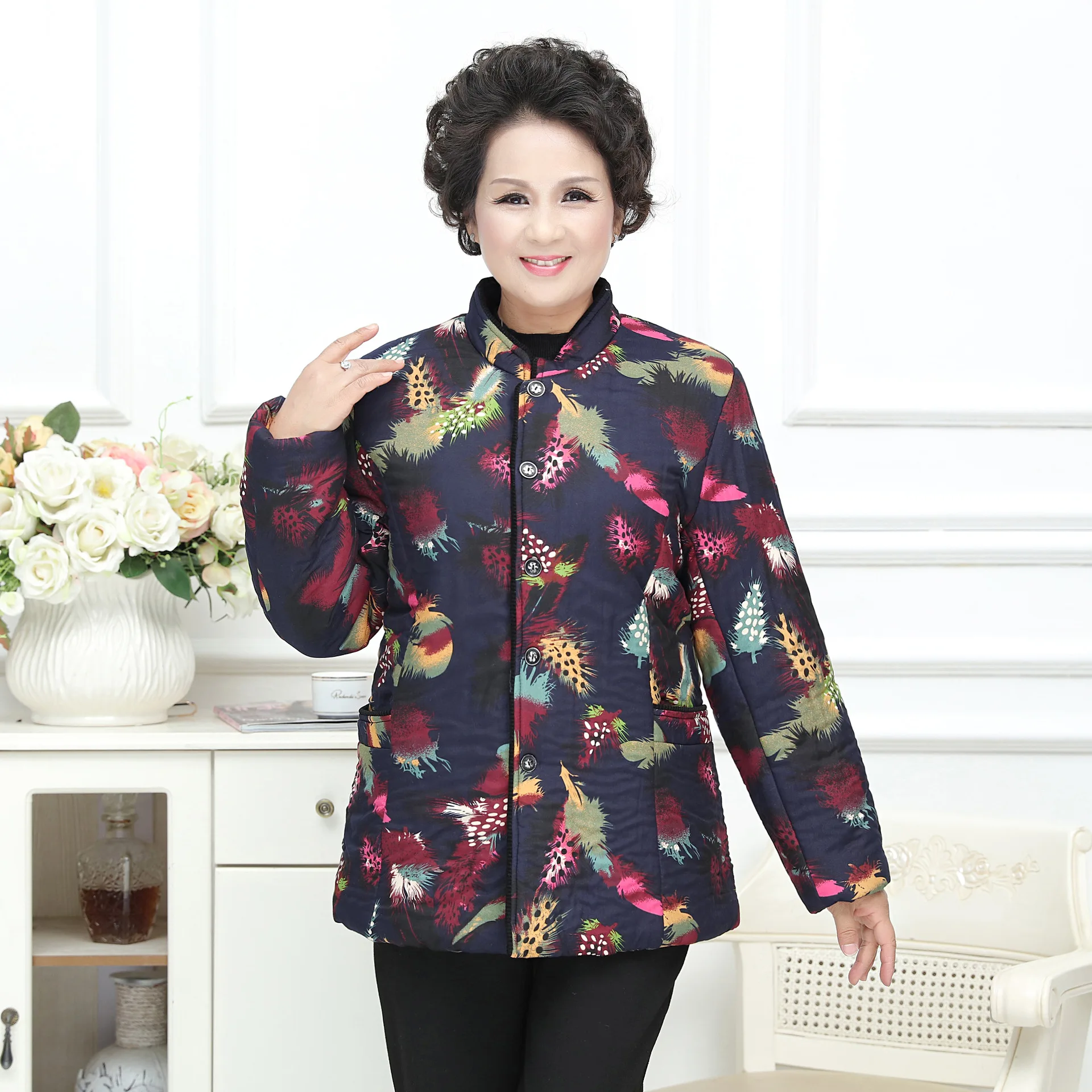 

2019 Middle-aged Cotton Coat Women's plus Velvet Plus-sized Grandma Cotton-padded Jacket Winter Printed Cotton Overcoat