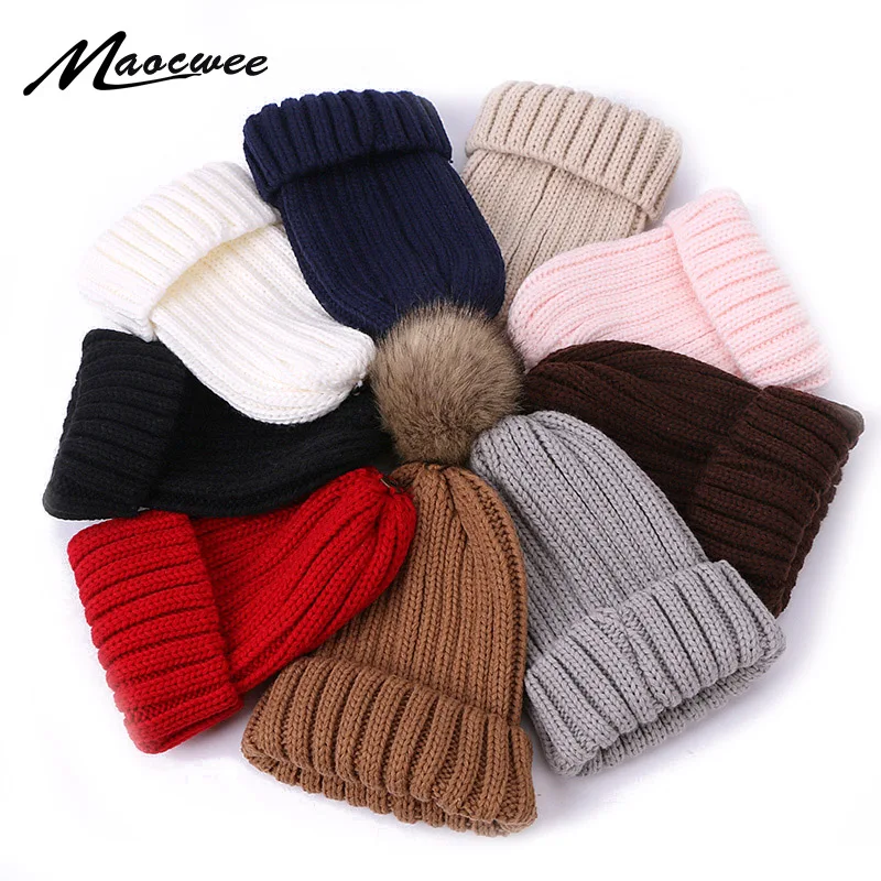 

Fashion Parent-child Hat Cute Baby Faux Fur Pompon Beanie Hat Winter Crochet Slouch Hats Kids Warm Knitted Beanie Bonnet Ski Cap