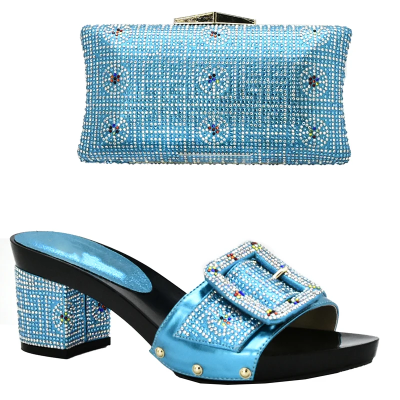 Комплект из итальянских туфель и сумочки винного цвета в африканском стиле; итальянский комплект из обуви и сумки в нигерийском стиле; женские свадебные комплекты из туфель и сумочки - Цвет: Небесно-голубой