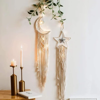 

2PCS Macrame Wall Hanging Star Moon Dreams Catcher Tapestry Bohemian Home Decor Handmade Woven Knitted Tapestries Wall Decors