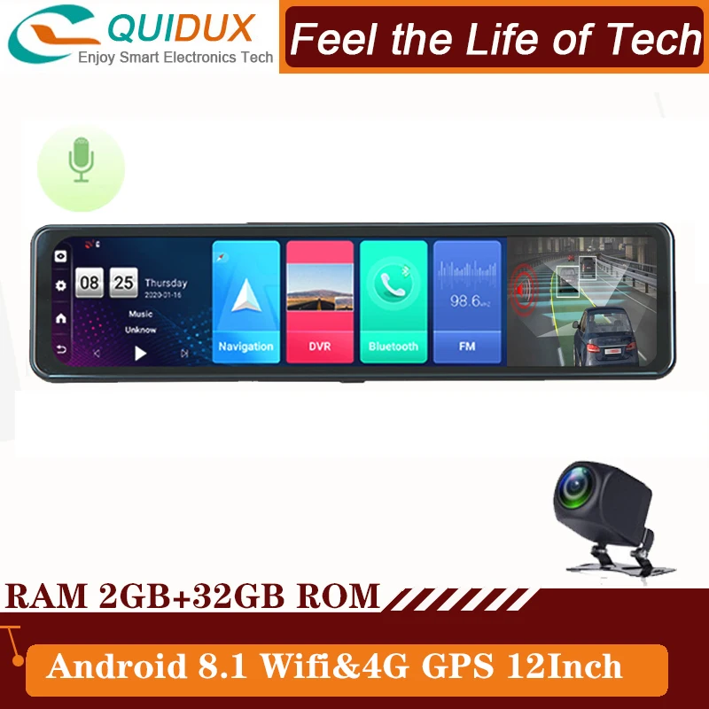 

2020 New Voice Control Triple screen 12 Inch DVR 4G Android8.1 Car Rearview Mirror Camera ADAS DVR Dash Cam Auto Video Recorder