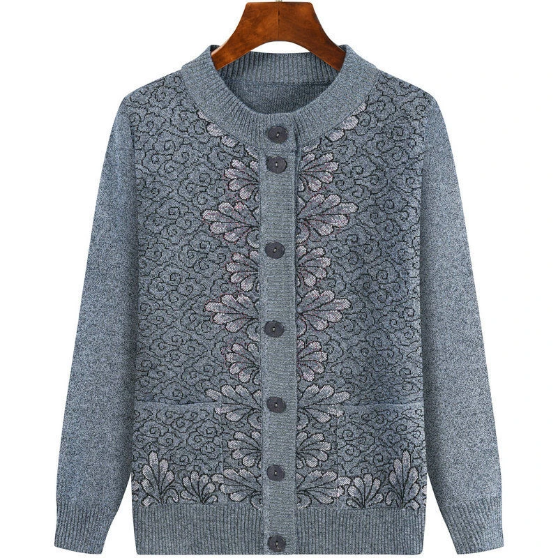 Chaqueta de punto de abuela de mediana edad para otoño, suéter de manga larga holgado a la moda, abrigo con bolsillo, de vestir cálidas con una hilera de botones|Caquetas de punto| -