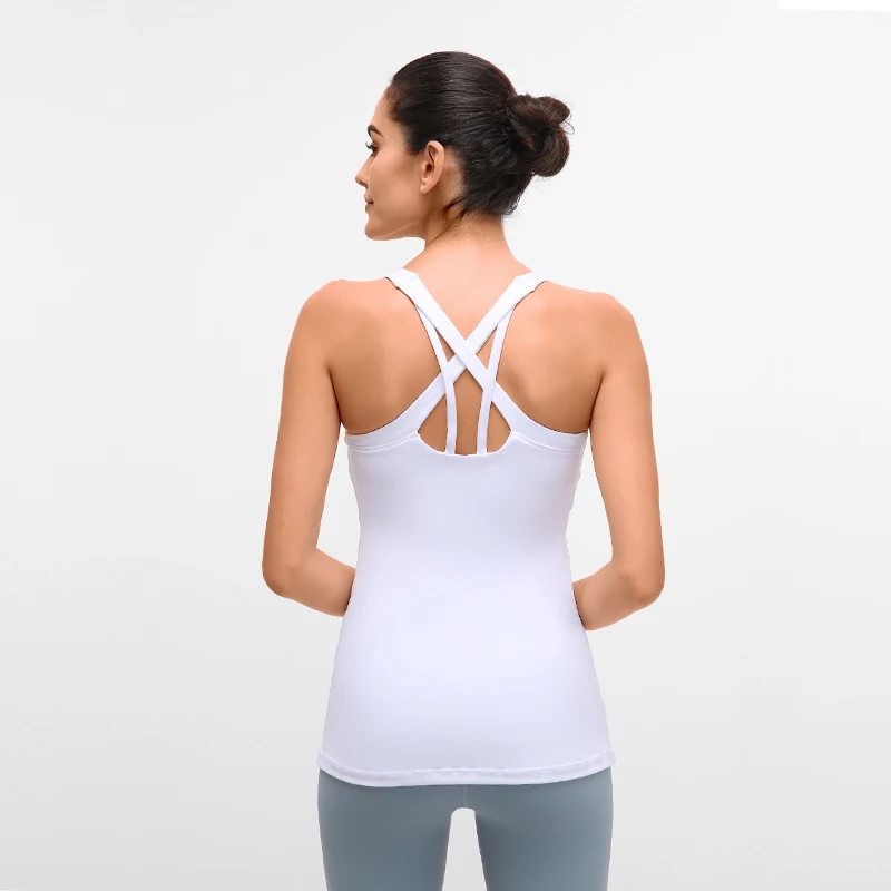 Najtaniej Stałe Strappy joga kamizelka sportowa kobiety kompresji Fitness Athletic Tank topy z z wbudowanymi miseczkami Nylon siłownia koszulki bez rękawów