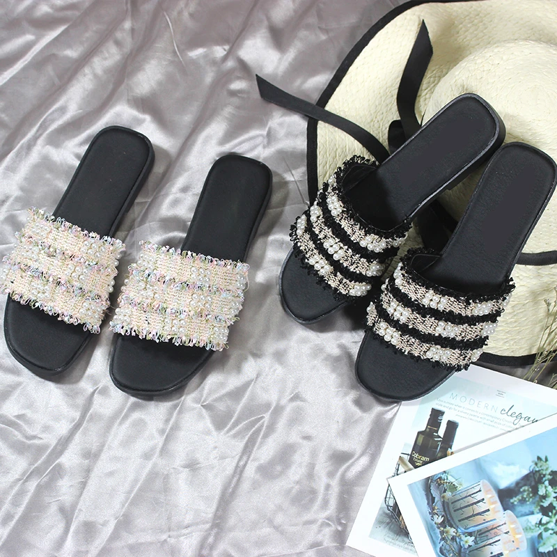 

Slippers Women Summer Shoes Pearl Black Apricot Shoes Flat Cloth Ladies Shoes 2019 New Outdoor Slides Fashion Shoes Big Size 43