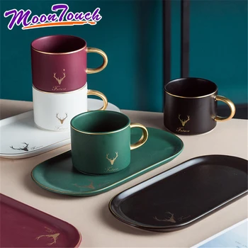 

Creative Coffee Cup and Saucer Set Ceramic Breakfast Milk Cup Afternoon Tea Cup European Simple Style Water Cafe Cup with Handle