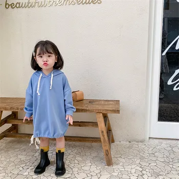 

Autumn girls fashion hooded drawstring sweater dresses 1-7 years cotton soft kids oversized long sleeve dress