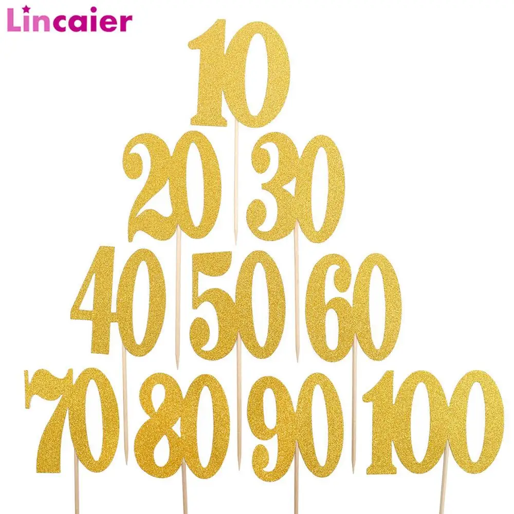 

6pcs Gold Glitter Paper Cake Cupcake Toppers 10 20 30 40 50 60 70 80 90 100 Years Birthday Party Decorations 30th 50th Adult