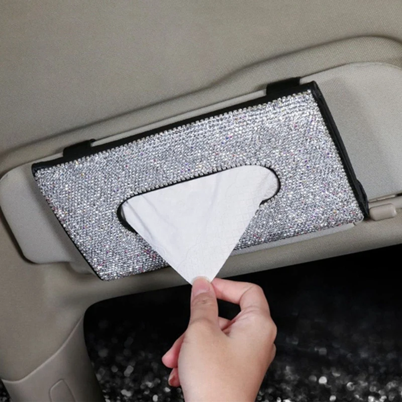 Car Sun Visor Tissue Holder PU Leather Crystals Paper Towel Cover Hang Case 