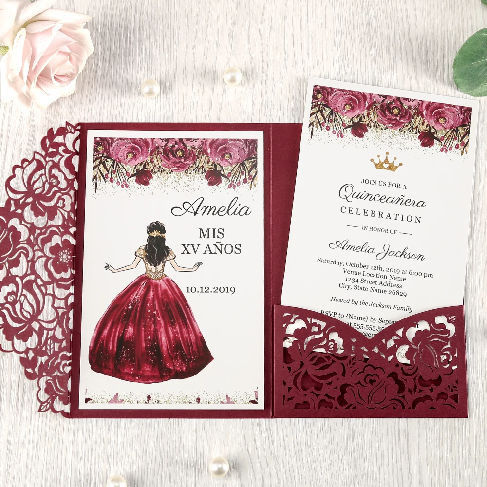 100 шт бордовые темно-синие розовые Золотая лазерная резка Цветочные карманные поздравительные карты с конвертом индивидуальные вечерние приглашения на свадьбу