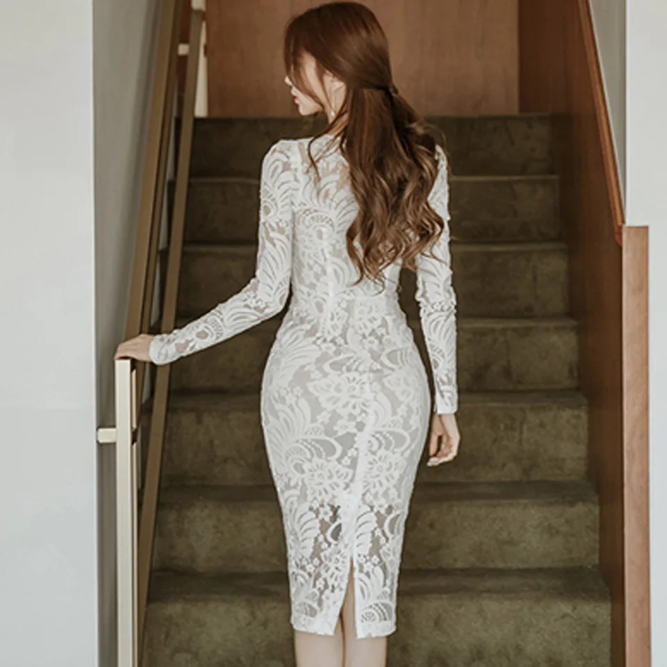Elegante abito da sera in pizzo bianco 2022 primavera temperamento coreano  semplice o collo manica lunga cava vita alta abito stretto donna|Dresses| -  AliExpress