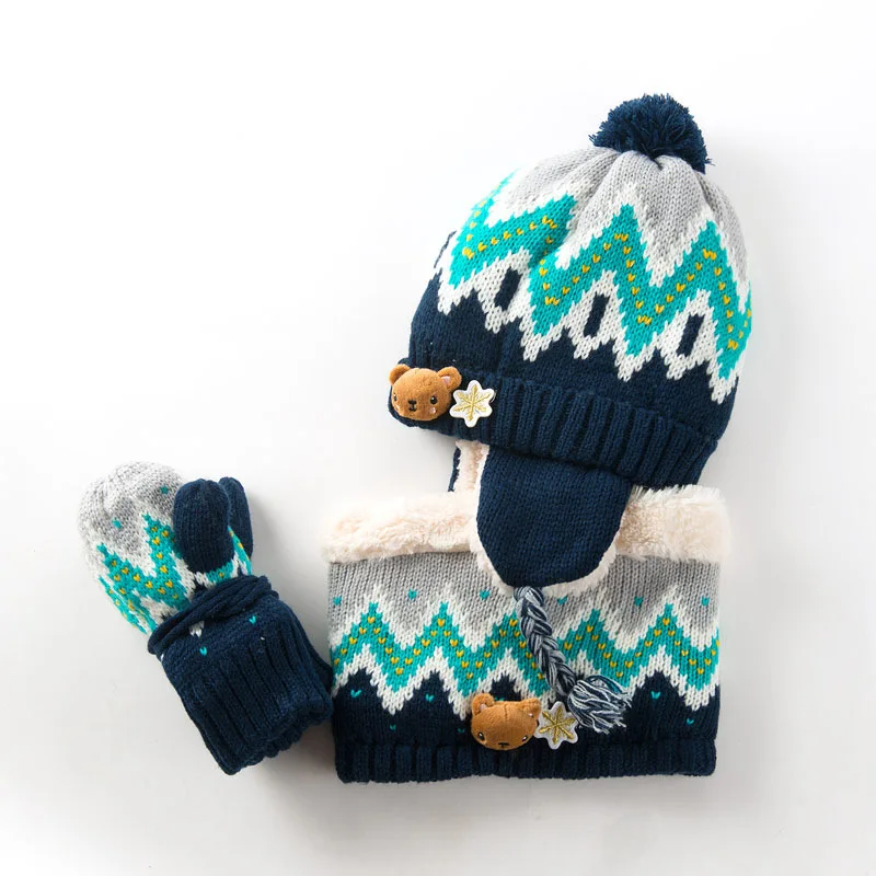 Gloves Hat And Scarf Детские шапочки унисекс, комплект с шапочкой для детей, с рисунком животных, в полоску, вязанная бархатная шапка и шарф, зимний теплый костюм, комплект, перчатки для девочек - Цвет: Gloves Hat And Scarf