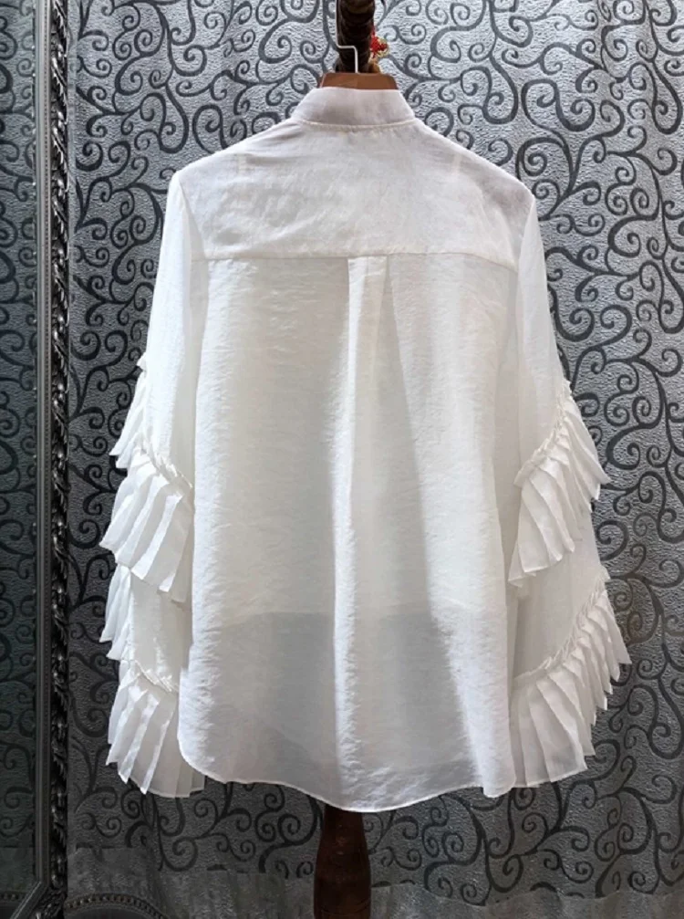 High Quality Designer Blouse Shirts Autumn Winter White Rose Red Green Blouses Women Bow Collar Silk Cotton Shirt Ruffle