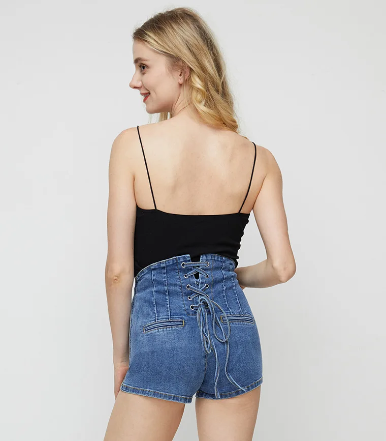 Новые женские летние простые джинсы с высокой талией Женская повязка на талии бедра тонкие женские джинсовые шорты модные эластичные мини