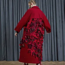 Дизайн осень зима для женщин Элегантный Негабаритных Красный шерстяное пальто ручной работы ногтей цветок Толстая теплая шерстяная куртка abrigos mujer