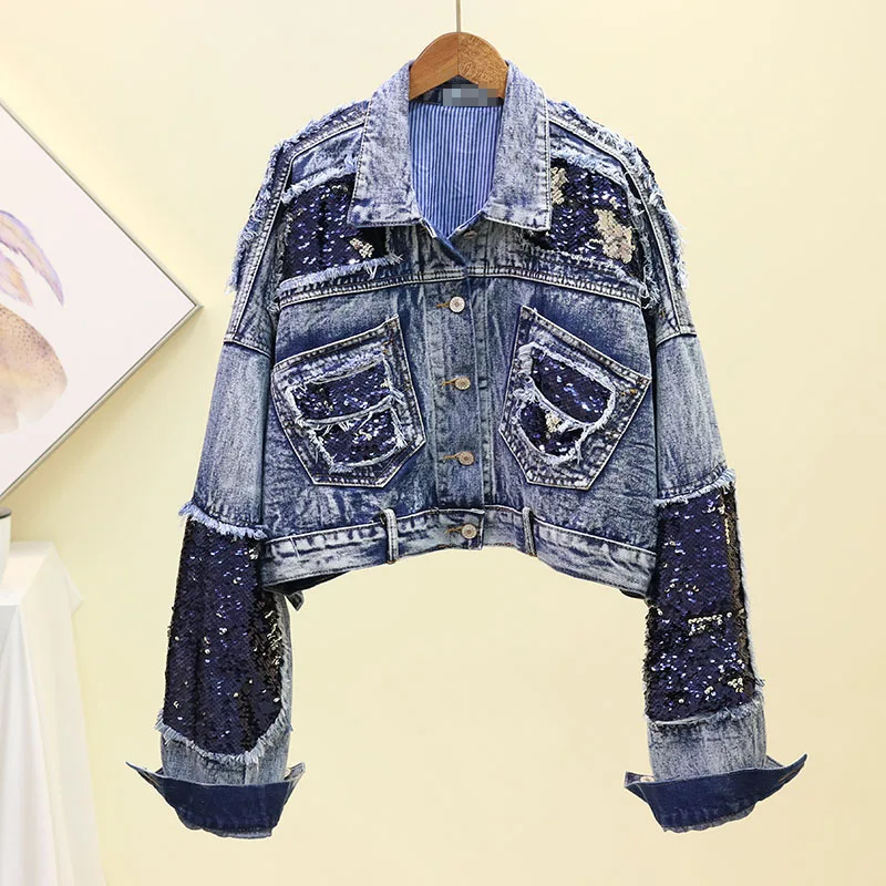 Женская джинсовая куртка, новинка 2019, джинсовая куртка для девочек, женское джинсовое пальто с блестками, женские куртки с рукавом «летучая