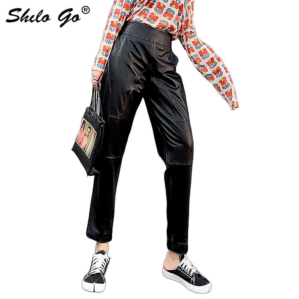 Lederen Broek Zwart Cut-En-Sew Hoge Taille Tapered Solid Harembroek 2020 Herfst Toevallige Elastische Taille terug Crop Broek