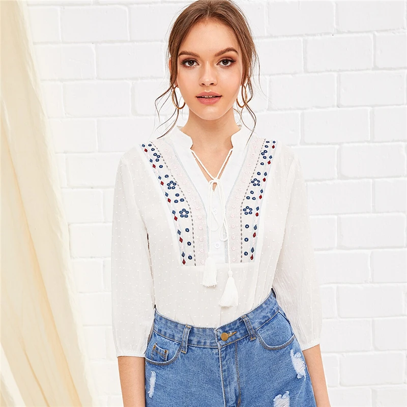 Dotfashion/белая блузка с v-образным вырезом и галстуком-бабочкой и вышивкой для женщин, летние блузы с рукавом 3/4