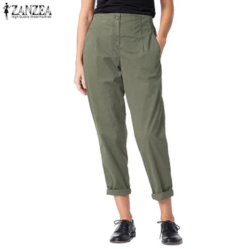 

2020 ZANZEA Plus Size Casual Solid Pants for Women Loose Pockets Work Office Long Trousers Front Zip Pantalones Mujer Streetwear