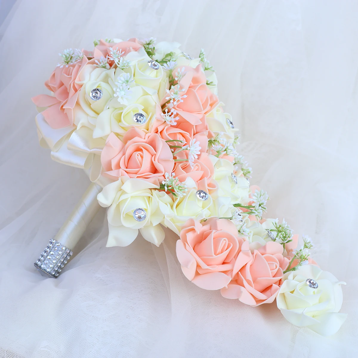 IFFO Calla Lilies Simulation Rose Diamonds Pearl Bride Wedding Bouquet (Pink)