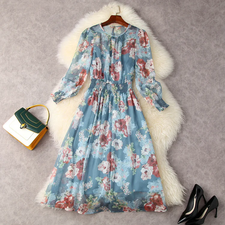 

European and American women's wear for summer 2021 Long sleeved flower print Fashion elastic-waisted pleated dress
