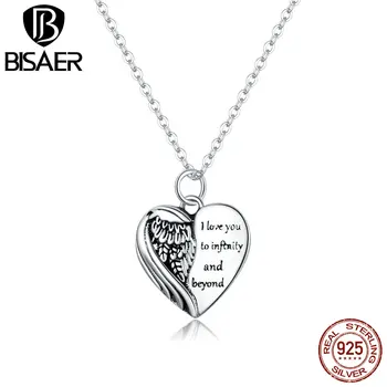 

BISAER Necklace 925 Sterling Silver Heart Wings 45cm Adjustable Infinity Beyond Long Chain Link For Women Fine Jewelry Gift