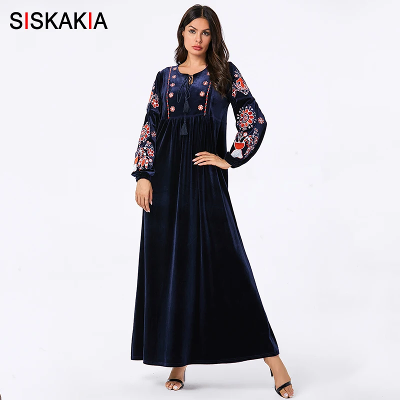 

Siskakia Winter Dress Velvet Casual Muslim Plus Size Dresses chic Floral Embroidery Tassel Drawstring Arabic Dubai Clothes 4XL