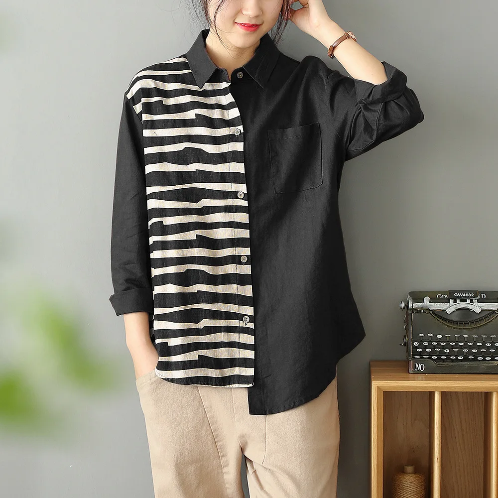 

XUXI Irregular Cotton Linen Striped Shirt Long Sleeve High Street Patchwork Fashion Womens Tops Thin Blouses 2020 Summer FZ2305