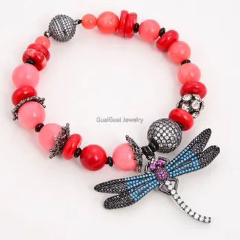 

GG Jewelry 8" Red Orange Coral Bracelet Cz pave Dragonfly Charm