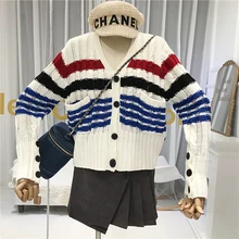 *#Best Price England Style Striped Women's Knitted Cardigans with Pockets Single Breasted V-Neck Women Tops Winter 2019 New Arrival *#Best Price England Style Striped Women's Knitted Cardigans with Pockets Single Breasted V-Neck Women Tops Winter 2019 New Arrival