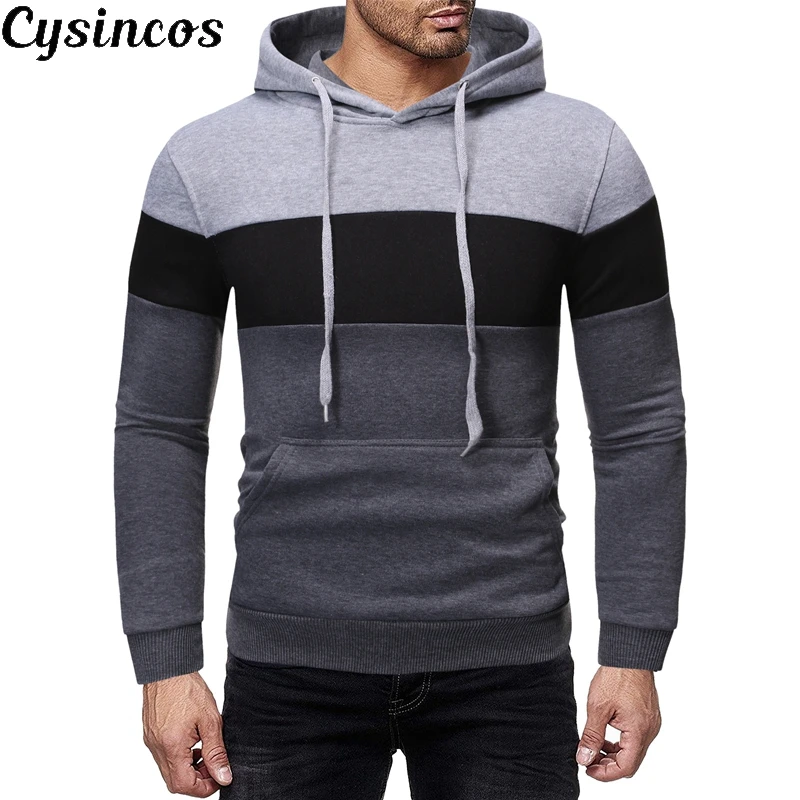 

CYSINCOS 2019 Fashion Autumn Hoodies Men Sweatshirt Male Stitching Hooded Soild Long Sleeve Sweatshirt Men Silm Hoodies Outwear