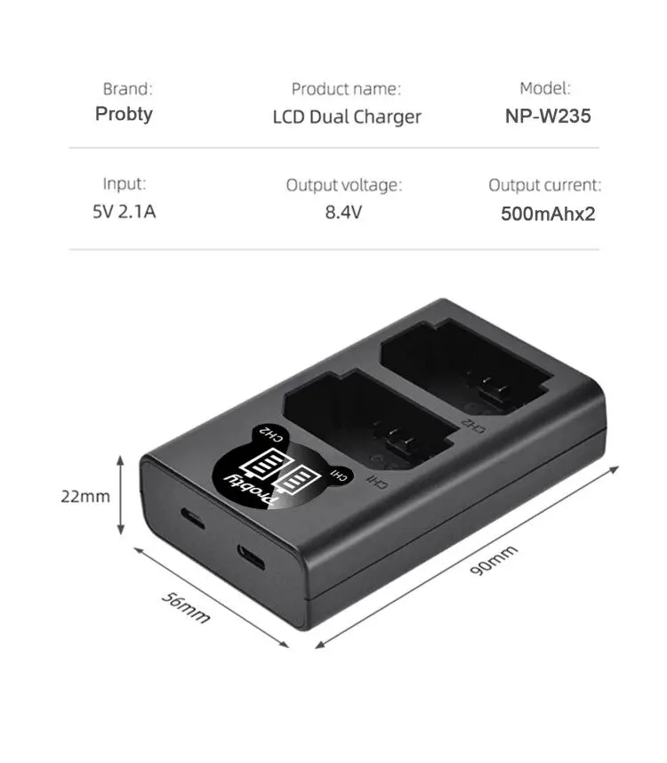 NP-W235 LED USB 듀얼 배터리 충전기, C타입 포트, 후지필름 후지 X-T4 XT4 카메라용, NP W235