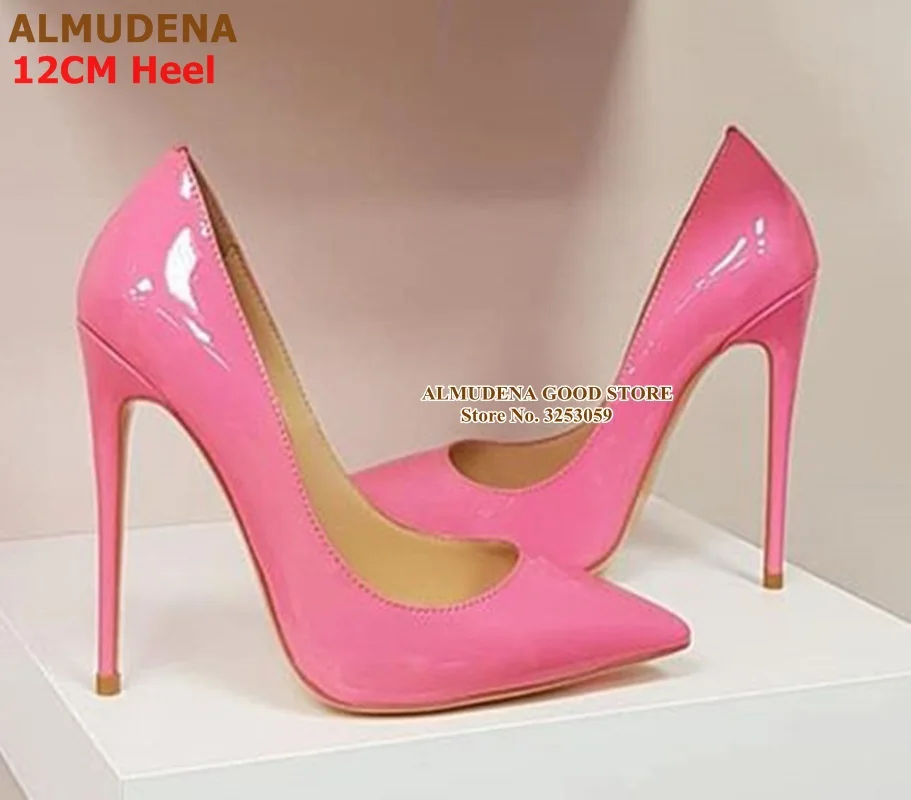 ALMUDENA/брендовые туфли-лодочки на шпильке 12, 10, 8 см модельные туфли из лакированной кожи дизайнерские свадебные туфли с острым носком на тонком каблуке размер 45 - Цвет: as picture 12cm heel