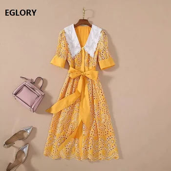 

Top Quality New Long Shirt Dress 2020 Summer Style Women Big Turn-down Collar Allover Hollow Out Embroidery Yellow Blue Dress