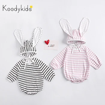 

Koodykids Baby Girl Bodysuits Spring Rompers With Bunny Ears Hat Baby Boy Rompers Autumn Striped Printed Baby Fashion Clothes