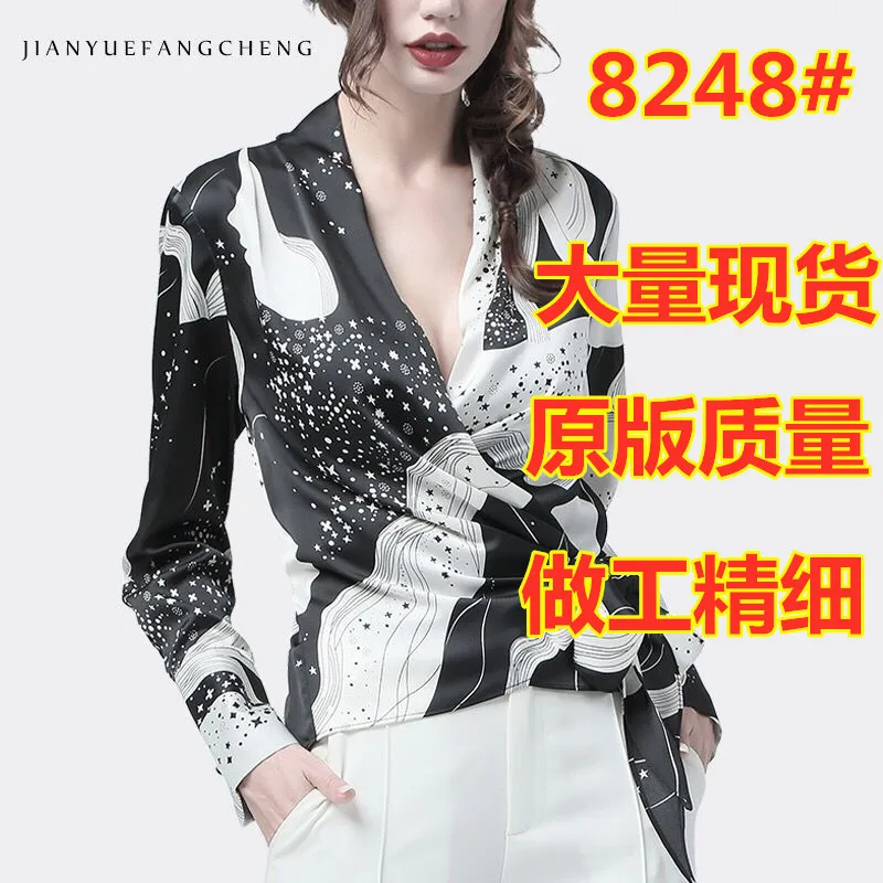

European female shirt with long sleeves chiffon unlined upper garment design and color is accept show thin waist crossover v-nec
